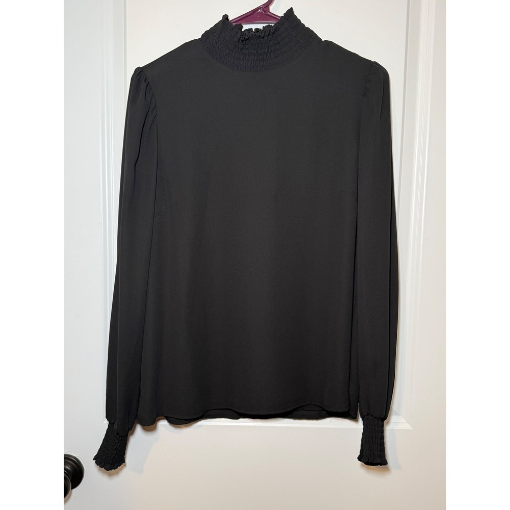 Alex Marie Women Black Smocked Mock Neck‎ Long Sleeve Blouse Small